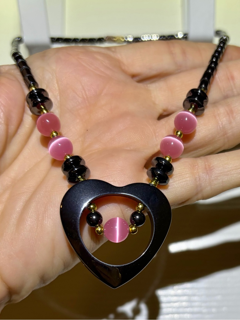 Dillards Black and Pink Beaded Heart Pendant Necklace - 17” length